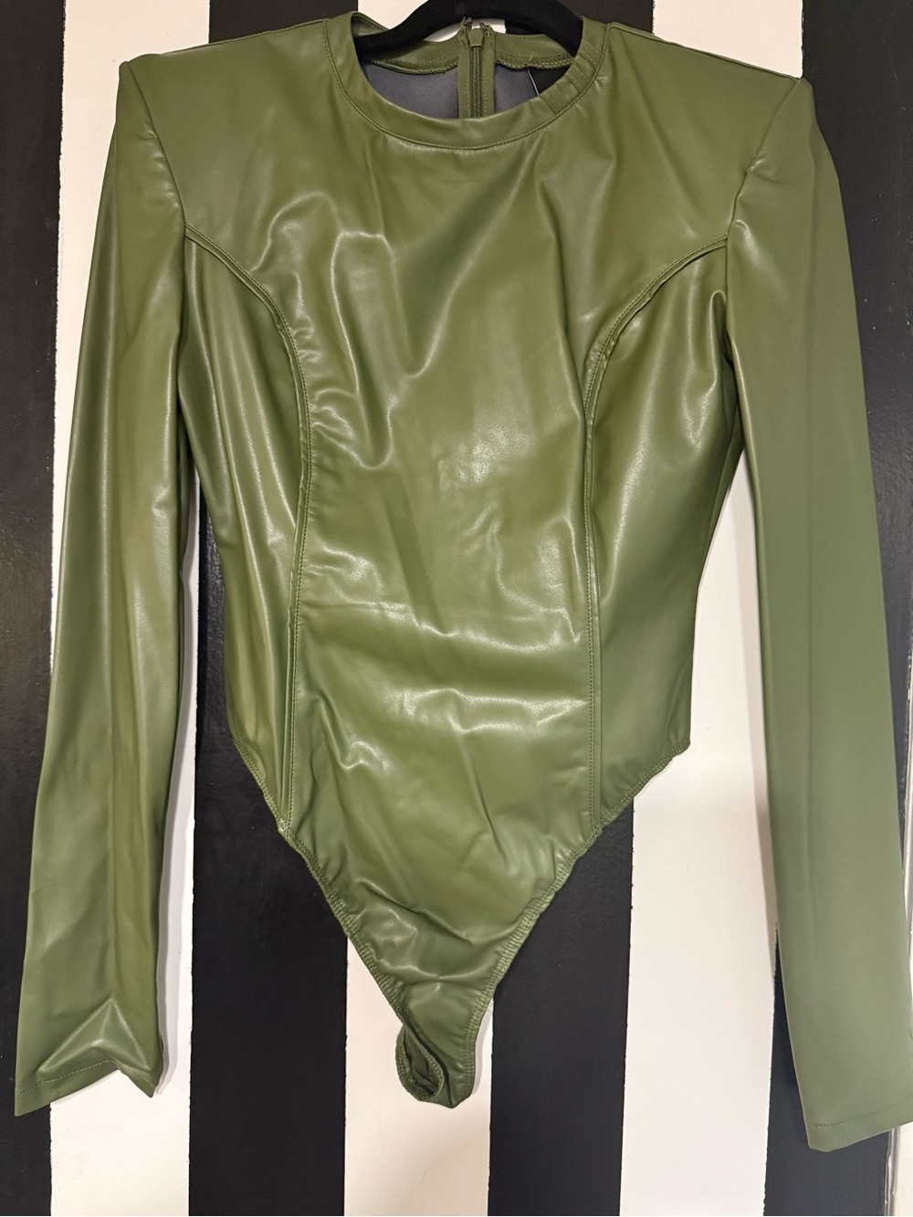 Adidas Ivy Park Olive Green Faux Leather Long Sleeve Bodysuit.